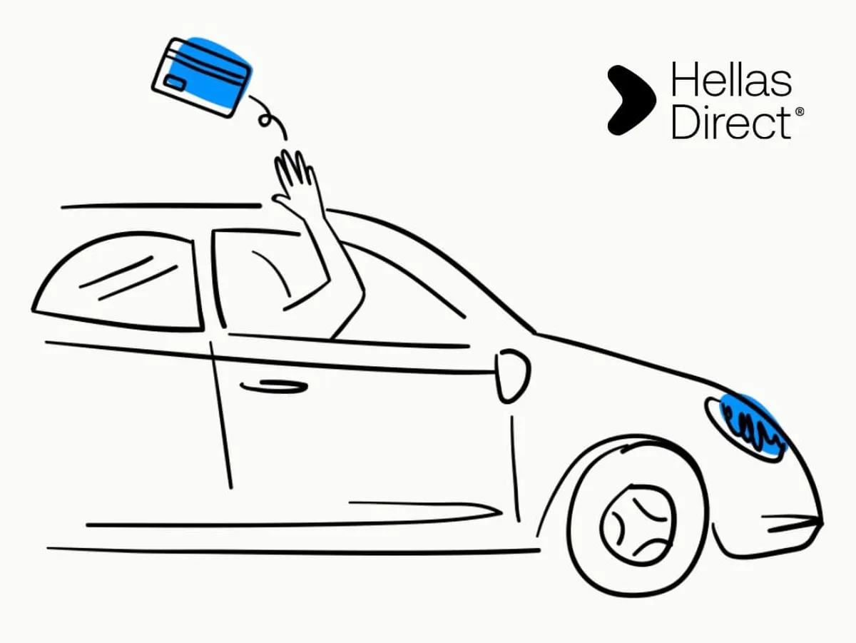 Illustration of a car and a hand coming out of a the window throwing away a credit card. Hellas Direct logo